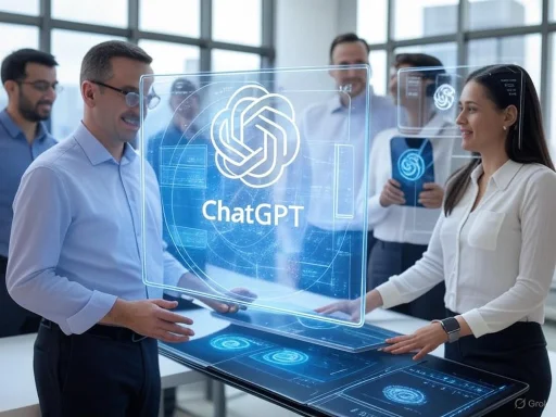 A team of professionals interacting with a holographic display of ChatGPT in a modern office setting.