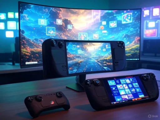 Gaming devices connected to a large screen display a vibrant landscape, showcasing gaming on a smartphone, portable console, and controller.