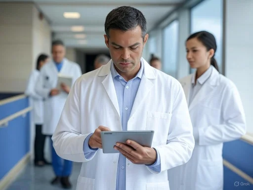 Medical professionals review information on a tablet in a clinical setting.