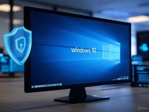 A computer monitor displays the Windows 10 desktop with a digital shield icon levitating nearby.