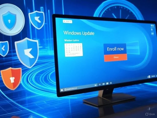 A computer screen displays a Windows Update page with 'Enroll now' and 'Close' buttons, surrounded by digital security icons.