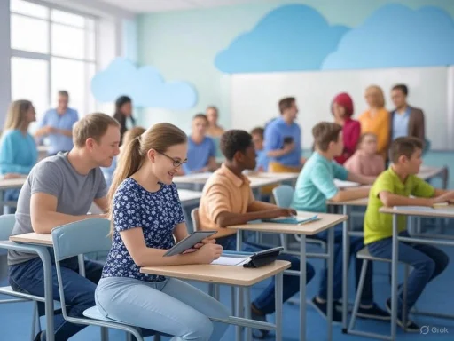 Students in a classroom, some smiling and using tablets, with cloud decorations on the wall behind them.
