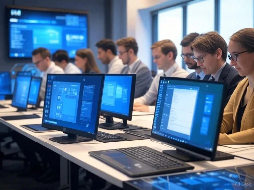 A group of professionals working on computer screens in a modern office setting.