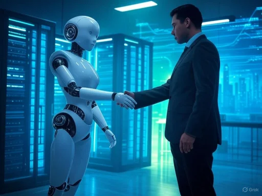 A man in a suit shakes hands with a humanoid robot in a high-tech data center.