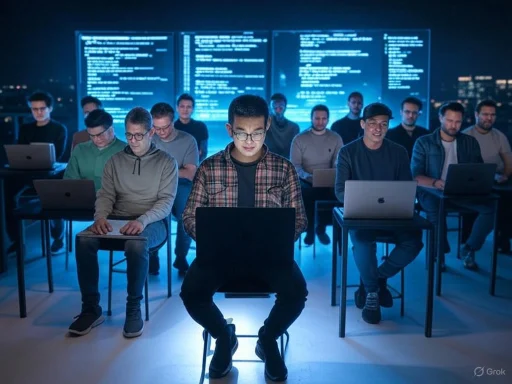 A group of young people working on computers in a dark room with code displays on screens in the background. A group of young people working on computers in a dark room with code displays on screens in the background.