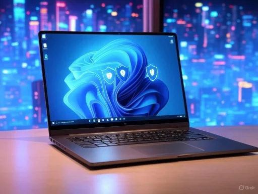 A laptop displaying a blue-themed digital shield with padlocks, set against a vibrant cityscape background.