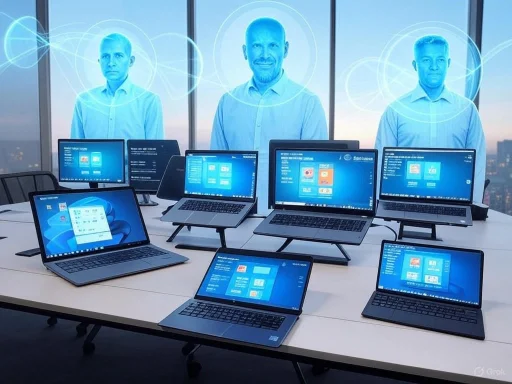 A futuristic office with multiple laptops displaying the same digital interface, and transparent digital human heads in the background.