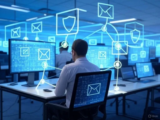 A person sitting at a desk in a high-tech cybersecurity control room surrounded by digital email and security icons.