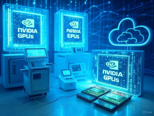 Illustration of advanced AI and computing hardware with NVIDIA GPU and CPU branding, connected to cloud technology.