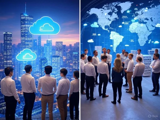 Left: Businesspeople observing cloud technology visuals over city skyline; Right: Group discussing global data and cloud networks.