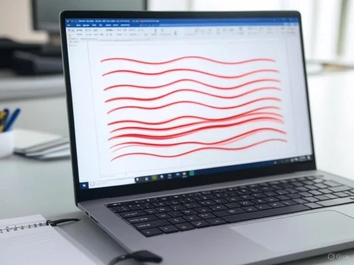 The laptop screen displays a red wavy line pattern on a document editing software.