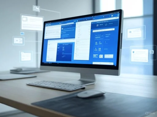 A desktop computer displaying a blue-themed interface with holographic data sheets floating around.