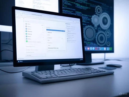 A desk setup with a keyboard, monitor displaying a form, and a secondary screen showing code and gears.