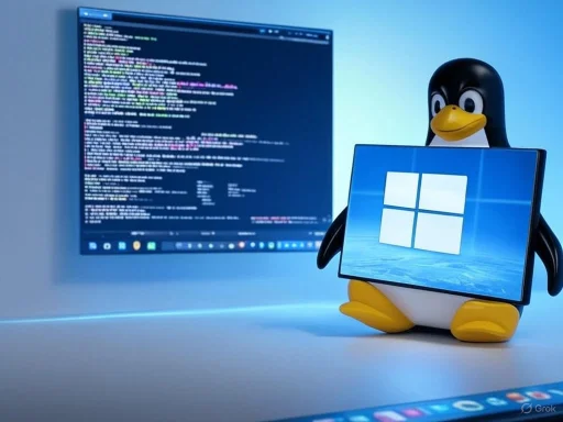 A penguin holding a Windows screen stands next to a computer monitor displaying coding or terminal output. A penguin holding a Windows screen stands next to a computer monitor displaying coding or terminal output.