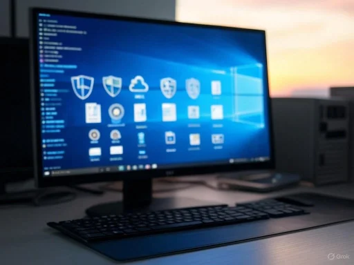 A computer monitor displaying a Windows desktop with security and cloud icons, on a workspace desk.