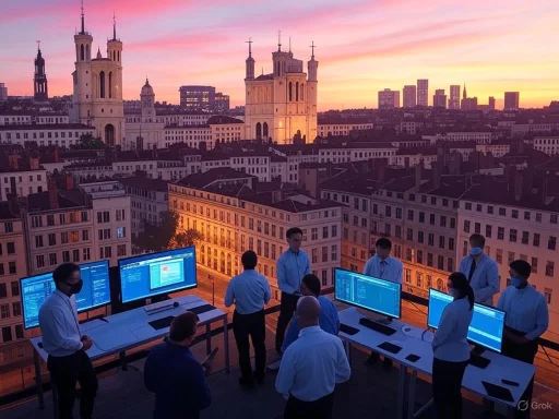 People working on computers at a rooftop office during sunset with city skyline in the background.