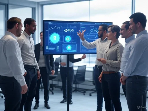 Team of professionals discussing data displayed on a large digital screen in a modern office.