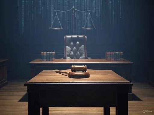 A judge's gavel on a desk in a dimly lit courtroom with scales of justice in the background. A judge's gavel on a desk in a dimly lit courtroom with scales of justice in the background.