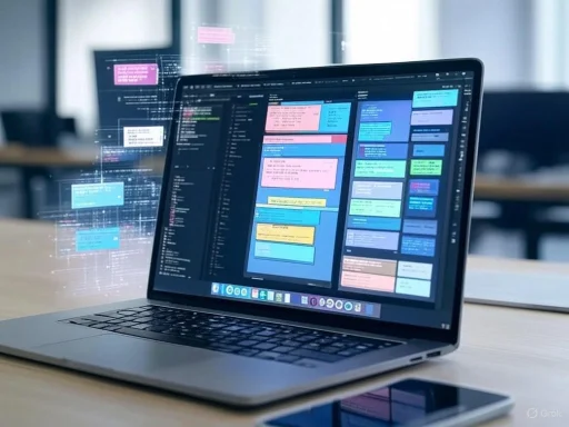 A laptop displaying a colorful project management or calendar application on a desk in an office.
