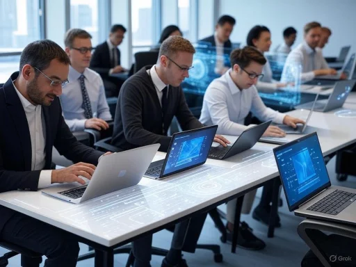 Business professionals working on laptops in a high-tech, futuristic environment.