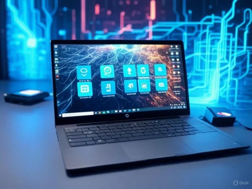 A laptop displaying a digital network interface with circuit-like patterns in a high-tech environment.