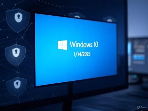 Computer screen displaying Windows 10 upgrade date of January 4, 2025, with security shield icons in the background. Computer screen displaying Windows 10 upgrade date of January 4, 2025, with security shield icons in the background.