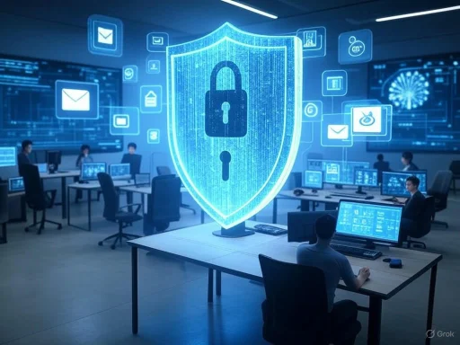 A digital security concept with a large shield and lock icon in a high-tech office setting.
