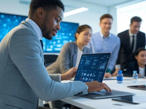 A businessperson presents data on a digital tablet during a professional meeting with colleagues.