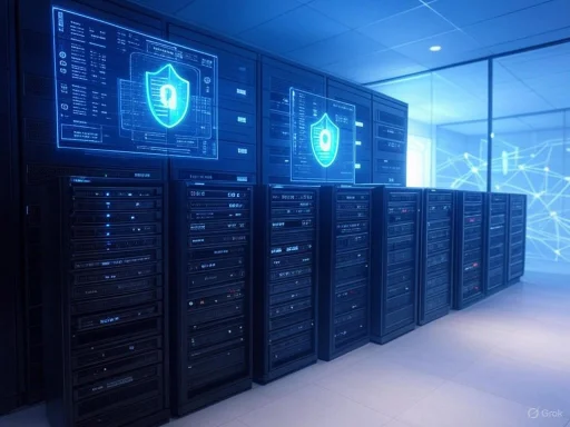 Server racks in a data center with digital security shield icons on the screens. Server racks in a data center with digital security shield icons on the screens.