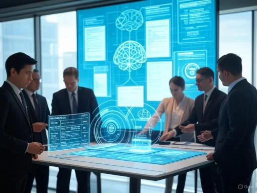 Business professionals interact with a holographic, augmented reality brain visualization in a modern conference room.