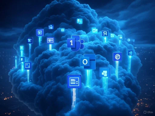 A digital cloud with floating app icons symbolizing cloud computing and data storage.