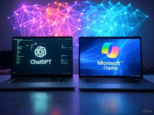 Two laptops display logos of ChatGPT and Microsoft Copilot against a colorful, digital network background.