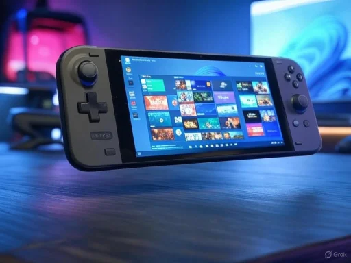 A handheld gaming device displaying a colorful game library on a wooden surface with a monitor in the background. A handheld gaming device displaying a colorful game library on a wooden surface with a monitor in the background.