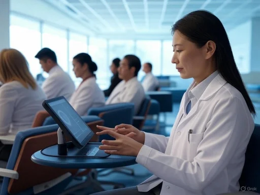 A female medical professional in a white coat uses a touchscreen device in a conference room with colleagues listening attentively.