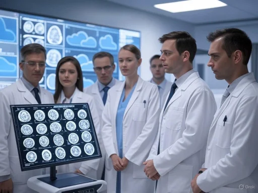 Medical professionals analyzing brain scan images in a high-tech lab. Medical professionals analyzing brain scan images in a high-tech lab.
