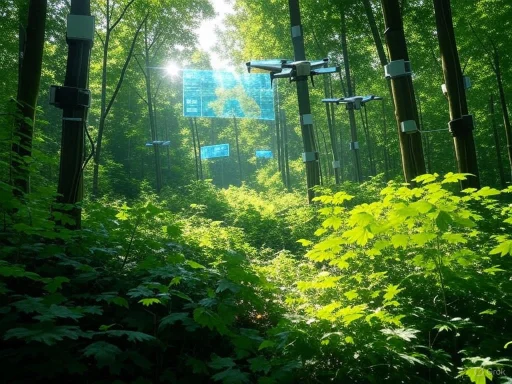 Drones hover among trees in a forest with digital screens displaying data, blending nature with advanced technology.