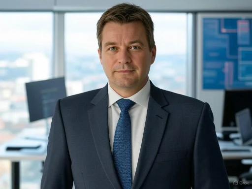 A confident businessman in a suit standing in a modern office with city views and multiple computer screens behind him.
