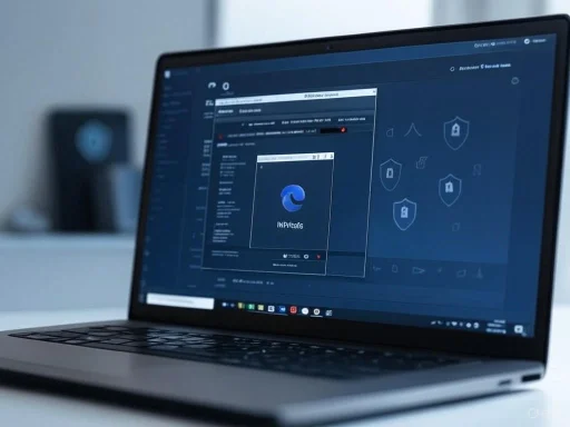 Laptop screen displaying a cybersecurity or privacy software interface with shield icons and a browser logo.