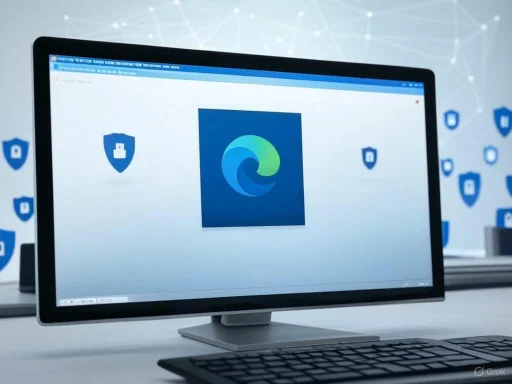 A computer monitor displays the Microsoft Edge browser logo with shield icons in the background, suggesting cybersecurity.