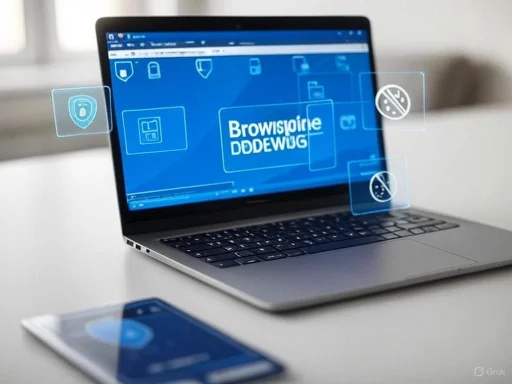 A laptop and smartphone showing digital security and privacy icons on a white desk.