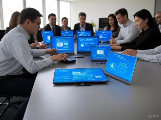 A business meeting with multiple people using digital screens and laptops displaying blue digital interfaces.