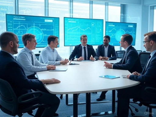 A business team discusses strategy in a conference room with data charts displayed on large screens behind them. A business team discusses strategy in a conference room with data charts displayed on large screens behind them.