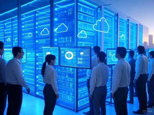 People observing data screens in a high-tech data center with illuminated cloud icons on server racks. People observing data screens in a high-tech data center with illuminated cloud icons on server racks.