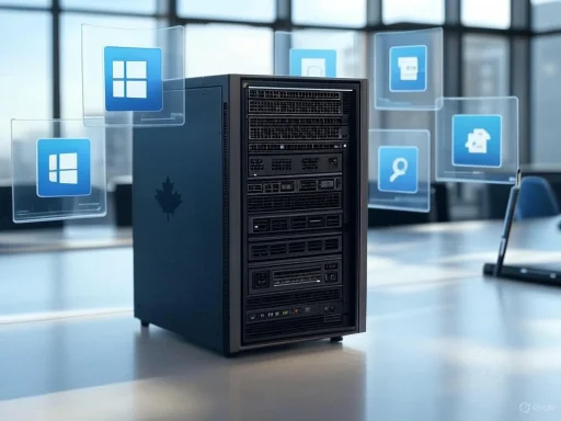 A black server tower in a modern office with floating icons representing Windows and other digital applications.