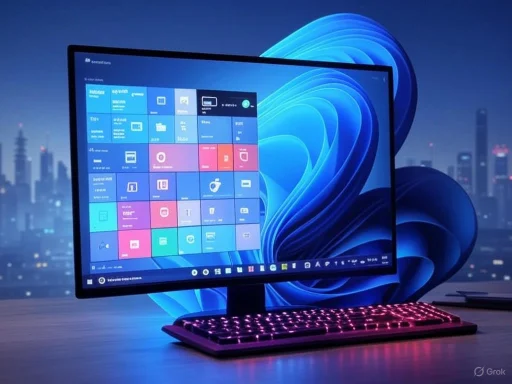 A computer monitor with a colorful desktop setup, illuminated keyboard, and city skyline background.