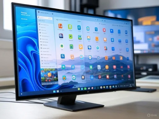 A computer monitor displays a colorful desktop with various app icons in a modern office setting.
