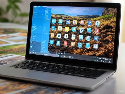 A laptop displays a desktop with app icons against a landscape background, placed on a table.
