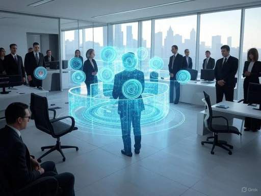 A holographic digital network display addresses a group of business professionals in a modern office.