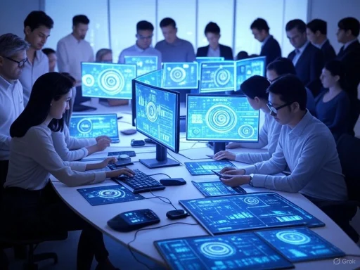 A group of professionals work on multiple computer screens with blue data visualizations in a high-tech office.