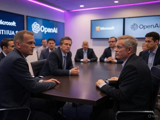 Executives in a formal meeting discuss AI collaboration, with screens displaying Microsoft and OpenAI logos in the background.